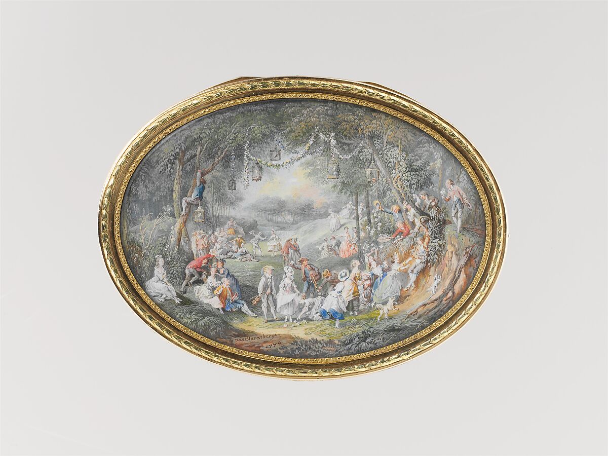 Snuffbox with six scenes of country pastimes, Box by Pierre François Drais (French, 1726–ca. 1788), Gold, glass; miniatures: gouache on vellum, French, Paris