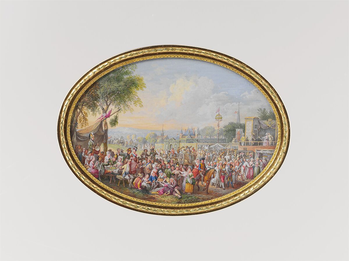 Snuffbox with six scenes of country pastimes, Box by Pierre François Drais (French, 1726–ca. 1788), Gold, glass; miniatures: gouache on vellum, French, Paris