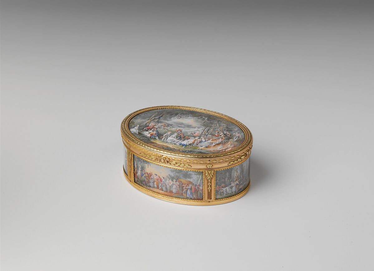 Snuffbox with six scenes of country pastimes, Box by Pierre François Drais (French, 1726–ca. 1788), Gold, glass; miniatures: gouache on vellum, French, Paris 