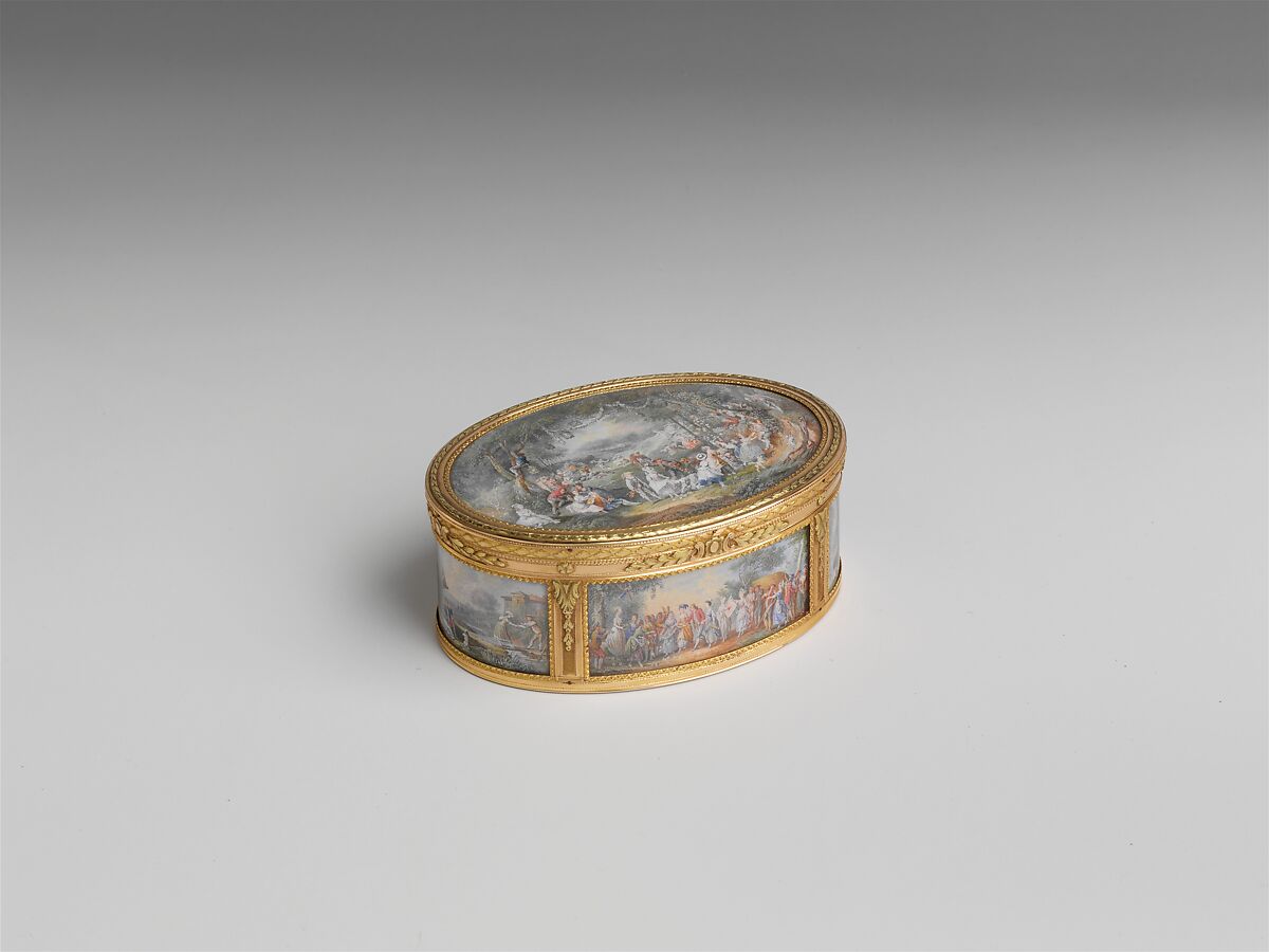Snuffbox with six scenes of country pastimes, Box by Pierre François Drais (French, 1726–ca. 1788), Gold, glass; miniatures: gouache on vellum, French, Paris