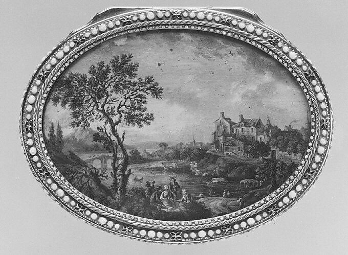 Snuffbox with scene of peasants picnicking on a riverbank near a village, F. J., Switzerland, Gold, enamel; paper, Swiss