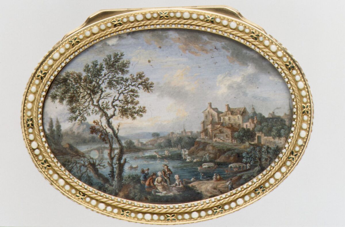 Snuffbox with scene of peasants picnicking on a riverbank near a village, F. J., Switzerland, Gold, enamel; paper, Swiss