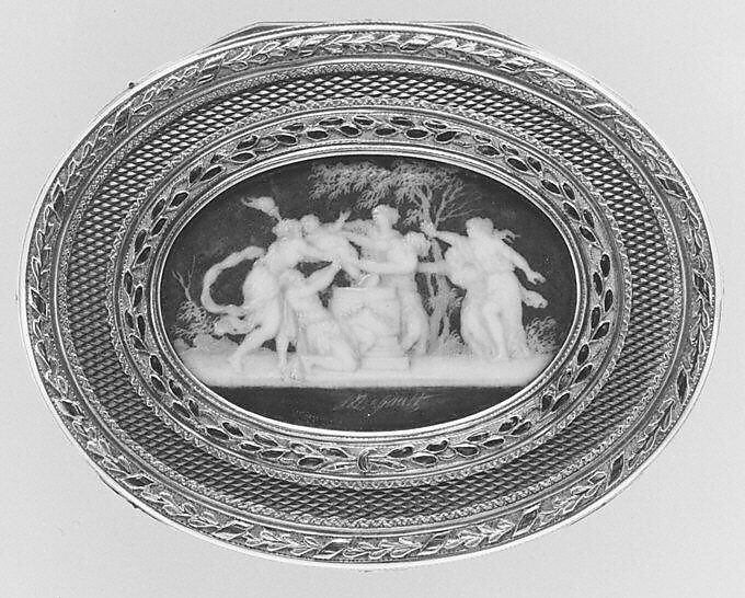 Snuffbox with six allegories of love, Miniatures by Jacques Joseph de Gault  (French, 1738–after 1812), Gold, enamel; grisaille en camaïeu on ivory, French, Paris