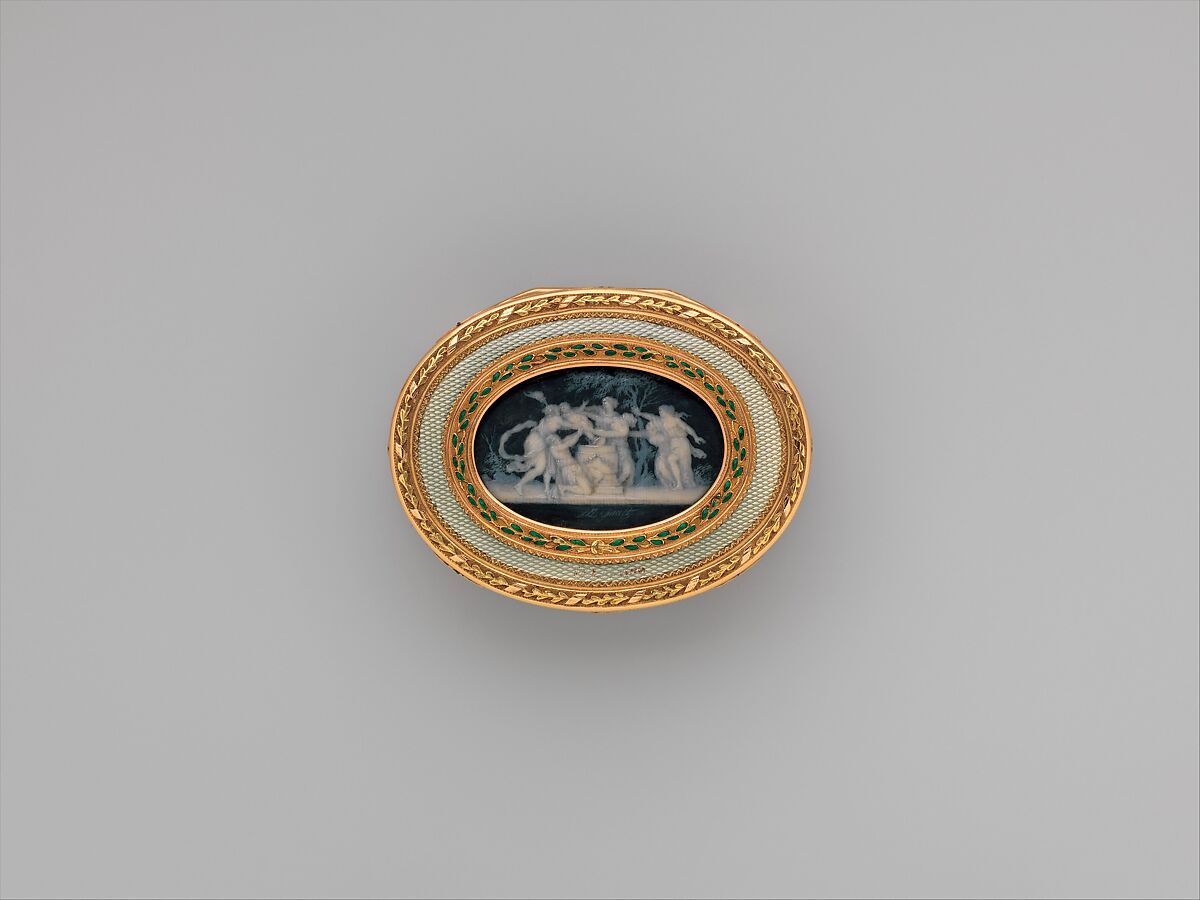 Snuffbox with six allegories of love, Miniatures by Jacques Joseph de Gault  (French, 1738–after 1812), Gold, enamel; grisaille en camaïeu on ivory, French, Paris 