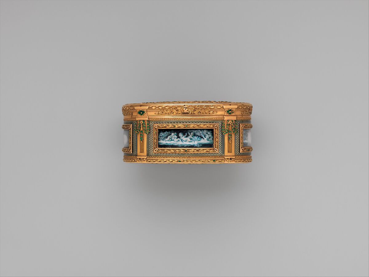 Snuffbox with six allegories of love, Miniatures by Jacques Joseph de Gault  (French, 1738–after 1812), Gold, enamel; grisaille en camaïeu on ivory, French, Paris