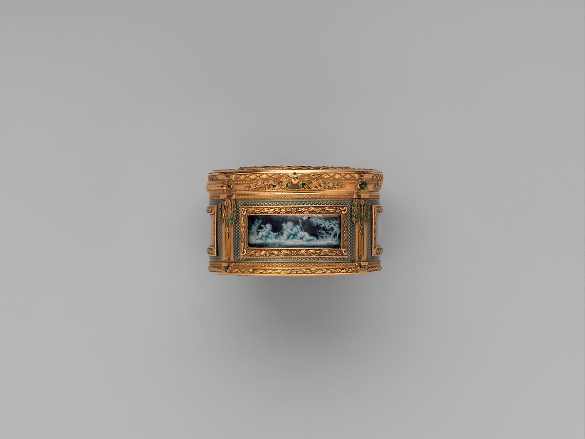Snuffbox with six allegories of love, Miniatures by Jacques Joseph de Gault  (French, 1738–after 1812), Gold, enamel; grisaille en camaïeu on ivory, French, Paris