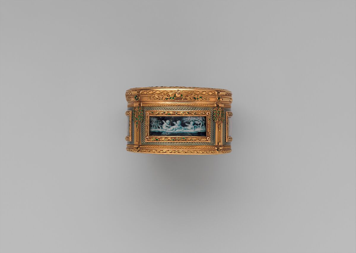 Snuffbox with six allegories of love, Miniatures by Jacques Joseph de Gault  (French, 1738–after 1812), Gold, enamel; grisaille en camaïeu on ivory, French, Paris