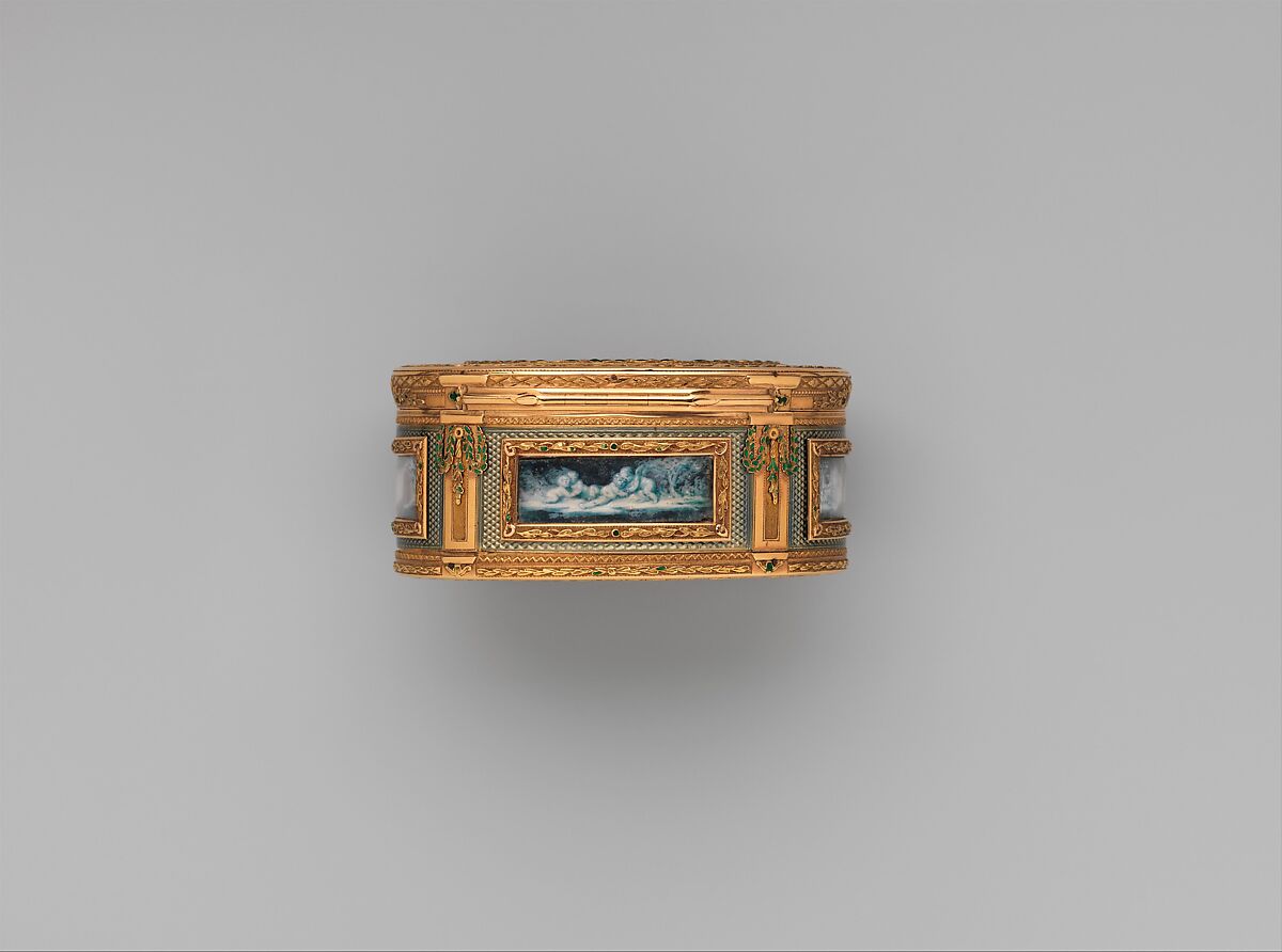 Snuffbox with six allegories of love, Miniatures by Jacques Joseph de Gault  (French, 1738–after 1812), Gold, enamel; grisaille en camaïeu on ivory, French, Paris