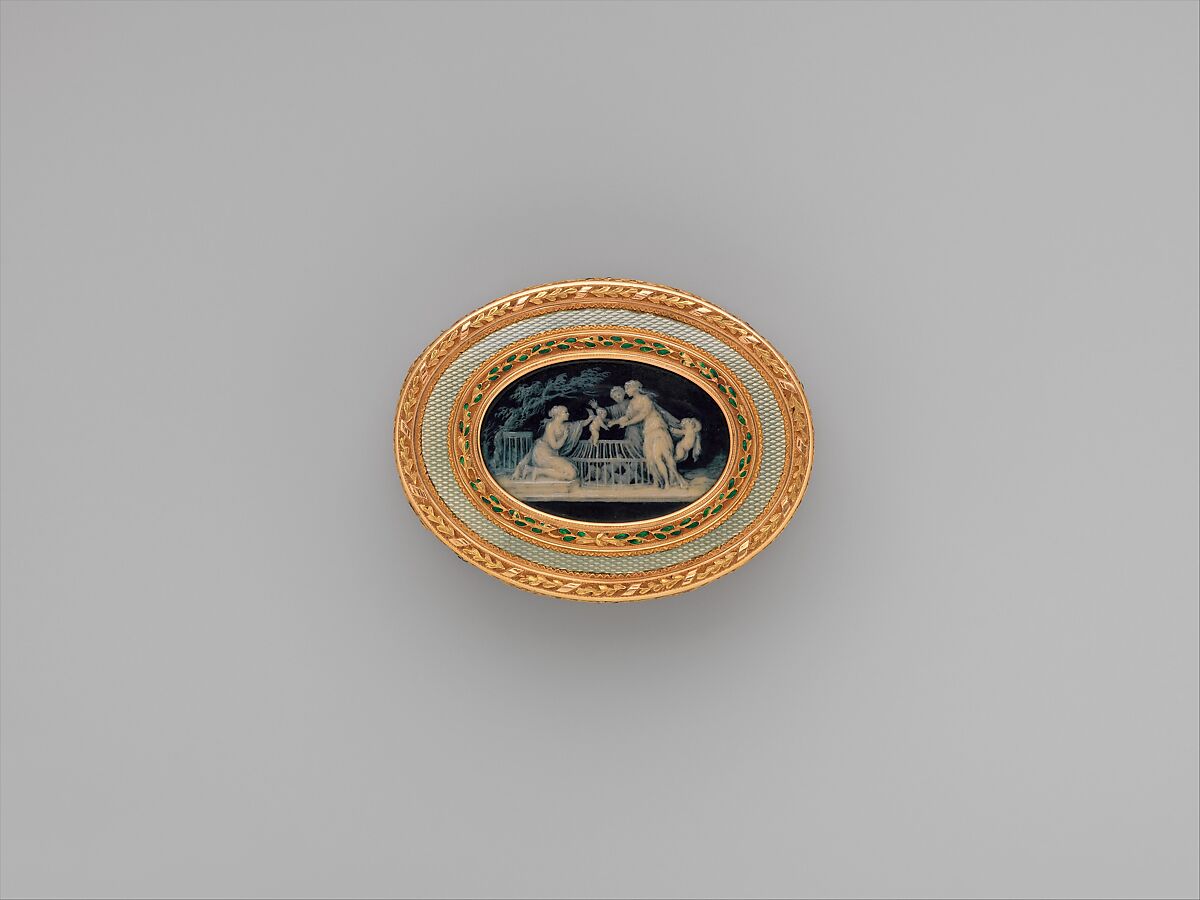 Snuffbox with six allegories of love, Miniatures by Jacques Joseph de Gault  (French, 1738–after 1812), Gold, enamel; grisaille en camaïeu on ivory, French, Paris