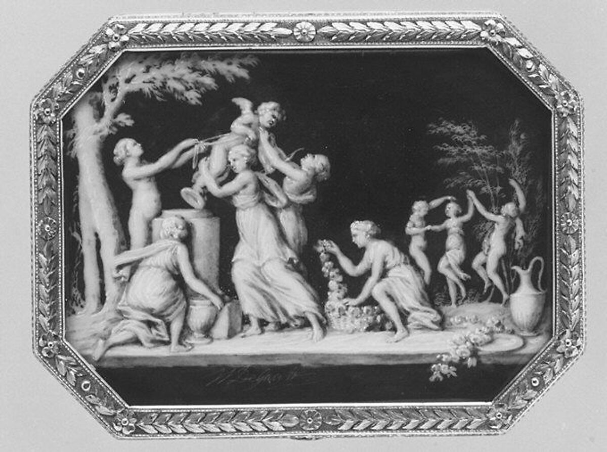 Snuffbox with miniatures representing the Diversions of Love and dancing figure, Miniatures by Jacques Joseph de Gault  (French, 1738–after 1812), Gold; grisaille on enamel, French