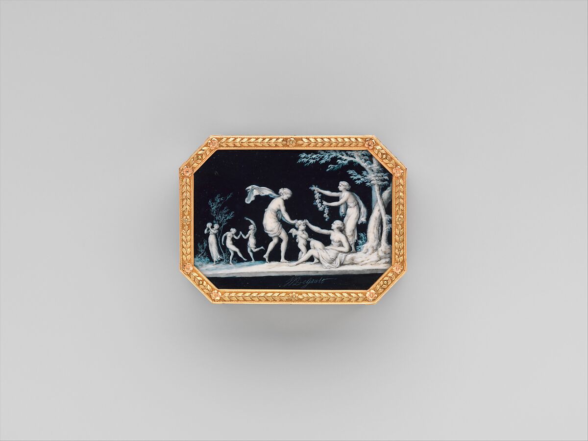 Snuffbox with miniatures representing the Diversions of Love and dancing figure, Miniatures by Jacques Joseph de Gault  (French, 1738–after 1812), Gold; grisaille on enamel, French