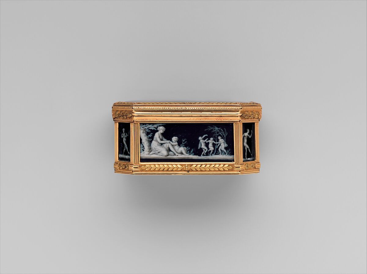 Snuffbox with miniatures representing the Diversions of Love and dancing figure, Miniatures by Jacques Joseph de Gault  (French, 1738–after 1812), Gold; grisaille on enamel, French