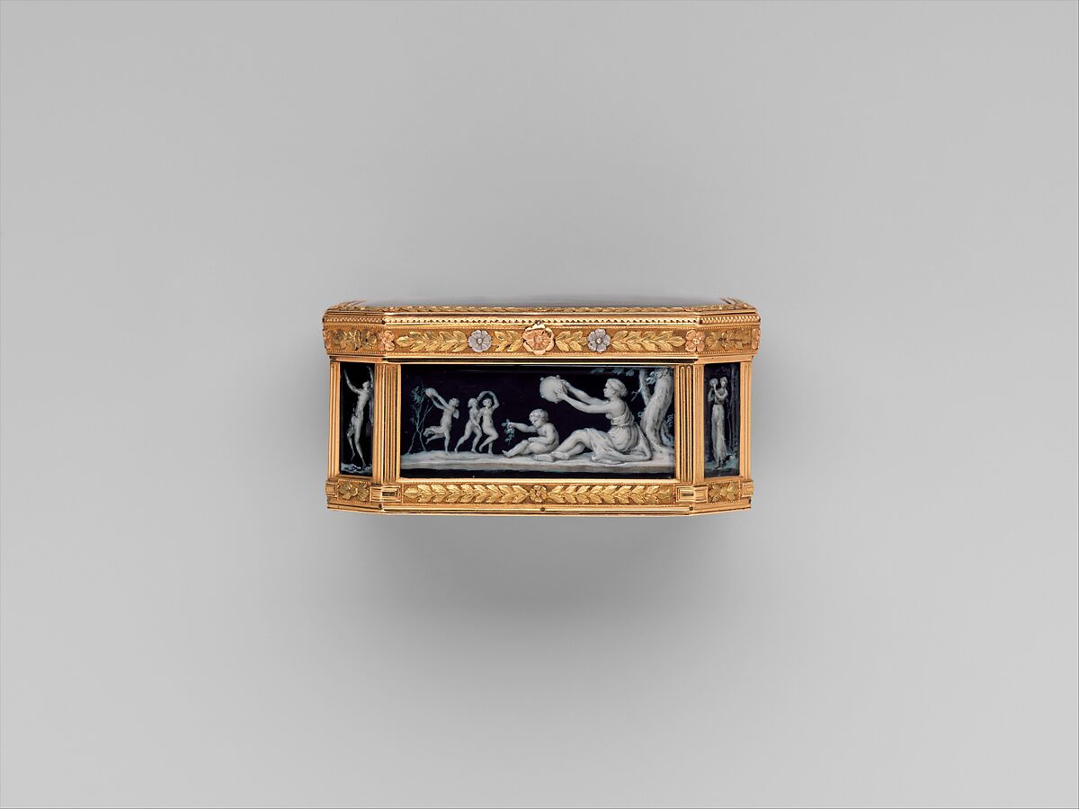 Snuffbox with miniatures representing the Diversions of Love and dancing figure, Miniatures by Jacques Joseph de Gault  (French, 1738–after 1812), Gold; grisaille on enamel, French