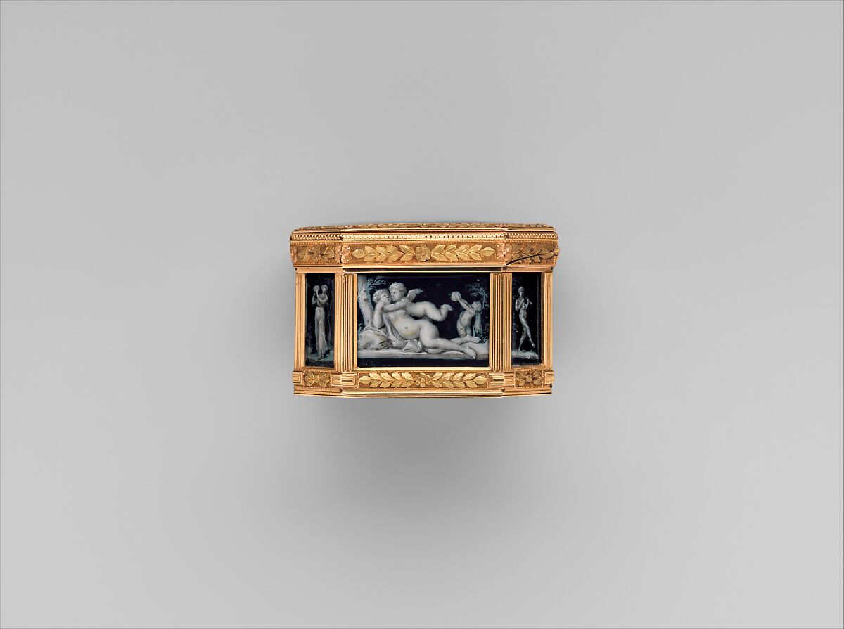 Snuffbox with miniatures representing the Diversions of Love and dancing figure, Miniatures by Jacques Joseph de Gault  (French, 1738–after 1812), Gold; grisaille on enamel, French