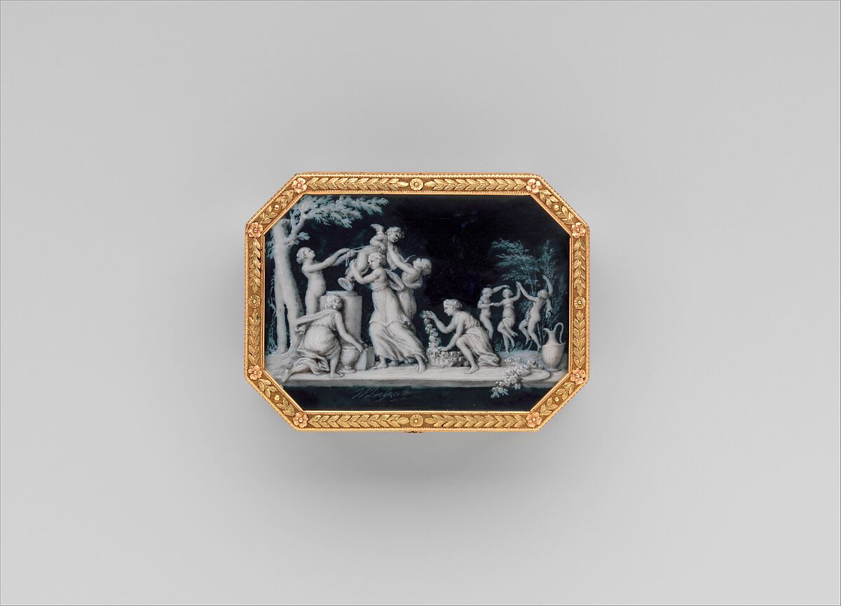 Snuffbox with miniatures representing the Diversions of Love and dancing figure, Miniatures by Jacques Joseph de Gault  (French, 1738–after 1812), Gold; grisaille on enamel, French 