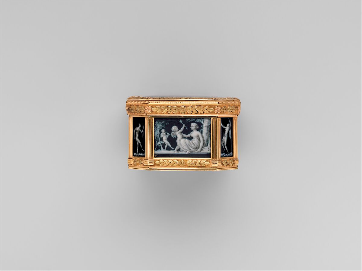 Snuffbox with miniatures representing the Diversions of Love and dancing figure, Miniatures by Jacques Joseph de Gault  (French, 1738–after 1812), Gold; grisaille on enamel, French