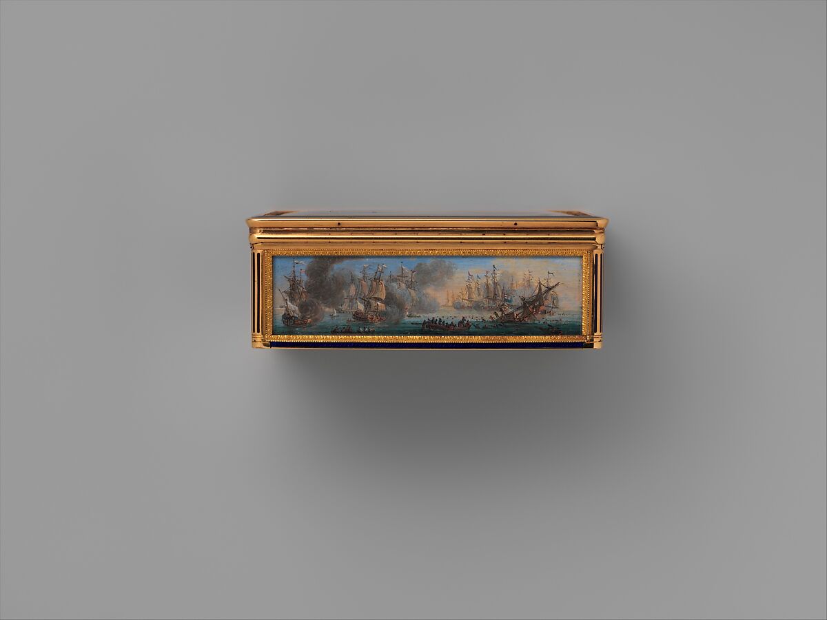 Snuffbox with four maritime scenes; Louis XIV crossing the Rhine in 1672, Adrien Jean Maximilien Vachette (French, Cauffry 1753–1839 Paris), Gold, enamel, French, Paris