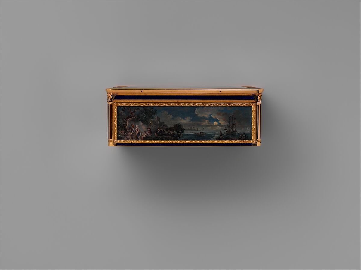 Snuffbox with four maritime scenes; Louis XIV crossing the Rhine in 1672, Adrien Jean Maximilien Vachette (French, Cauffry 1753–1839 Paris), Gold, enamel, French, Paris