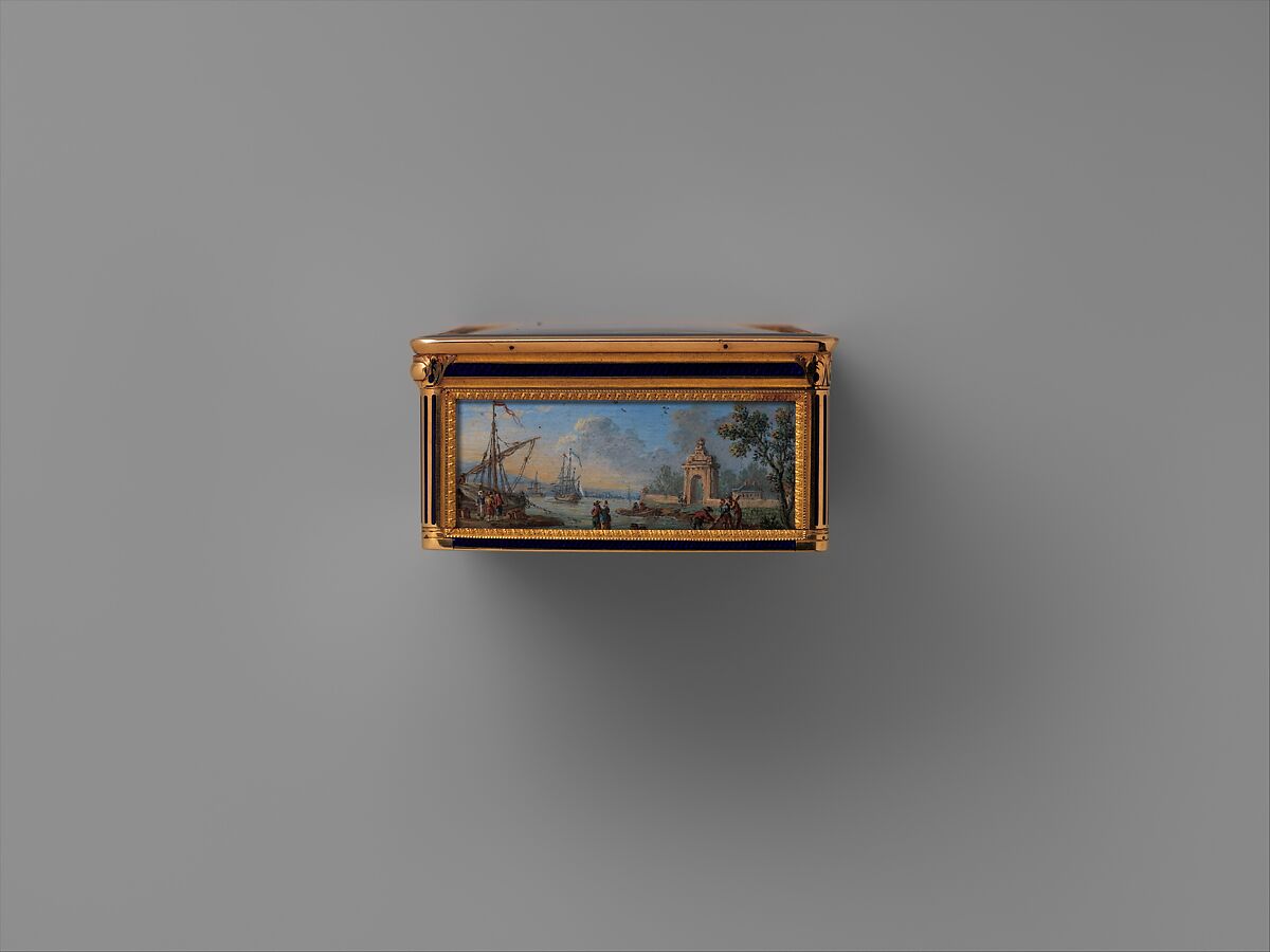 Snuffbox with four maritime scenes; Louis XIV crossing the Rhine in 1672, Adrien Jean Maximilien Vachette (French, Cauffry 1753–1839 Paris), Gold, enamel, French, Paris
