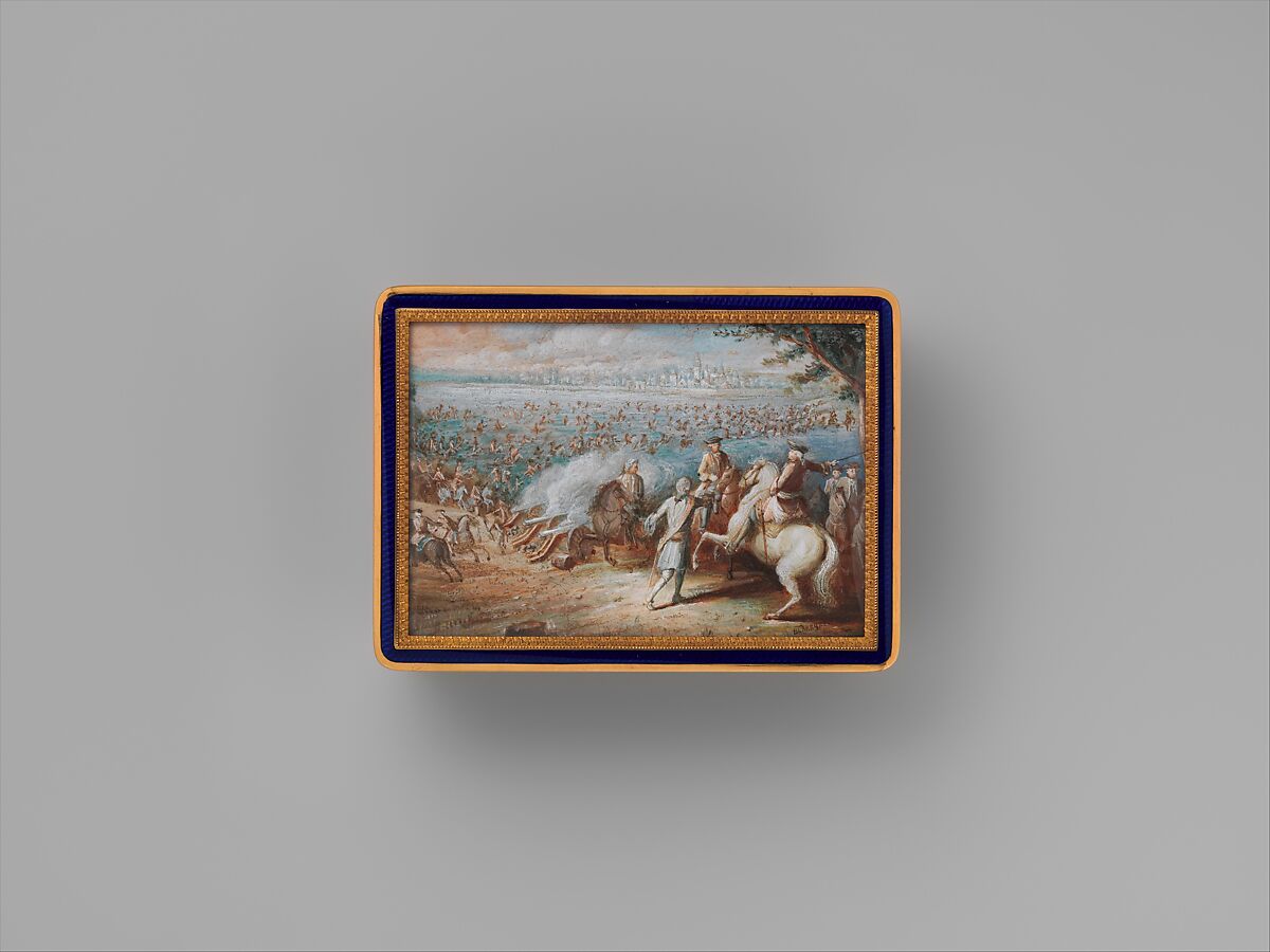 Snuffbox with four maritime scenes; Louis XIV crossing the Rhine in 1672, Adrien Jean Maximilien Vachette (French, Cauffry 1753–1839 Paris), Gold, enamel, French, Paris 