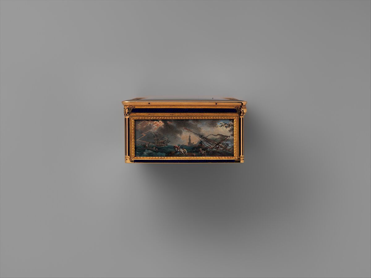 Snuffbox with four maritime scenes; Louis XIV crossing the Rhine in 1672, Adrien Jean Maximilien Vachette (French, Cauffry 1753–1839 Paris), Gold, enamel, French, Paris