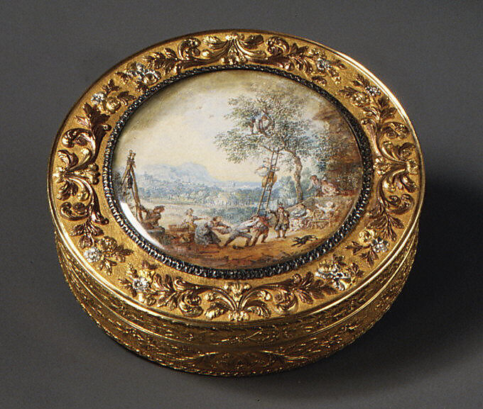 Snuffbox with scene of harvesting fruit, Johann Wilhelm Keibel (master 1812; died 1862), Four-color gold, painting in gouache on vellum, Russian, St. Petersburg 