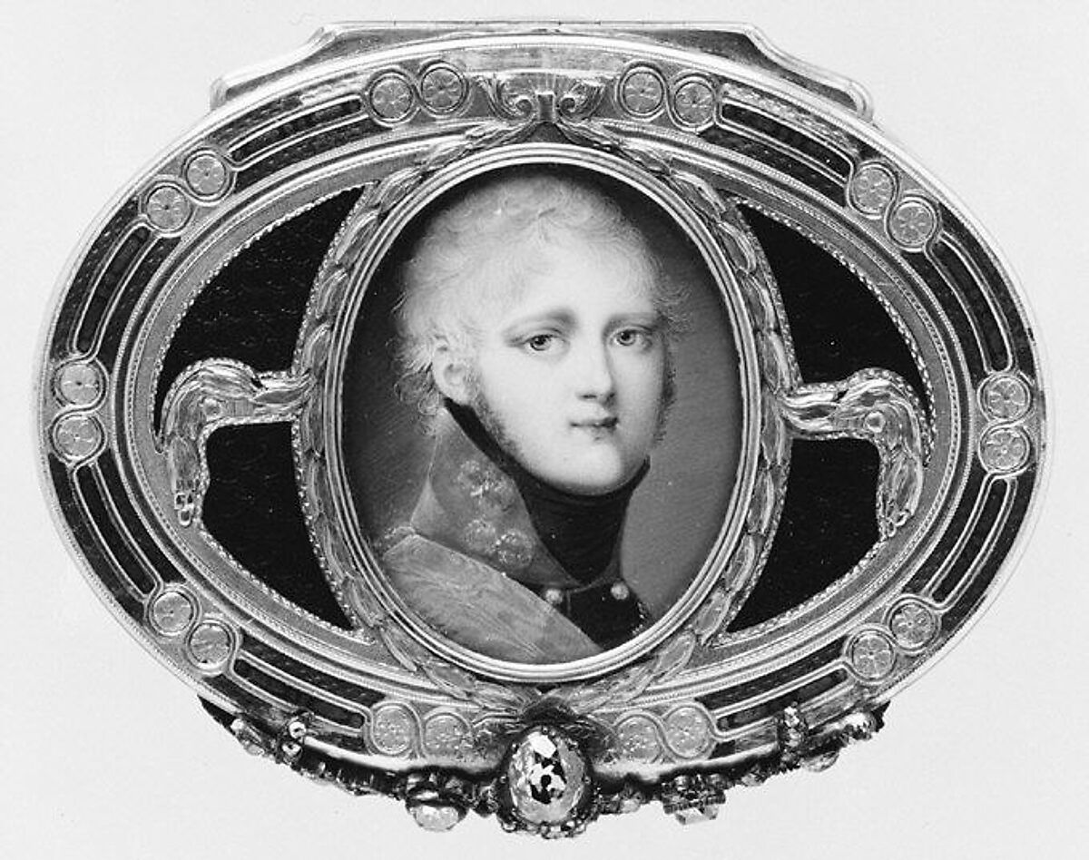 Snuffbox with miniature of Alexander I of Russia, Box by Jean Georges (or George) (master 1752, died 1765), Two-color gold, enamel, diamonds; ivory, French, Paris