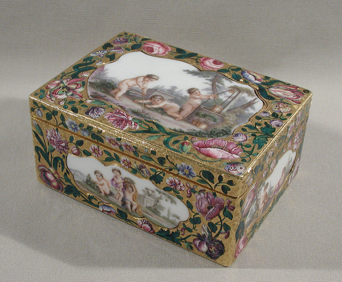 Snuffbox with scenes of children in pastoral settings, Jean François Breton (or Lebreton) (master 1737, recorded 1791), Gold, enamel, porcelain, French, Paris and German, Meissen 