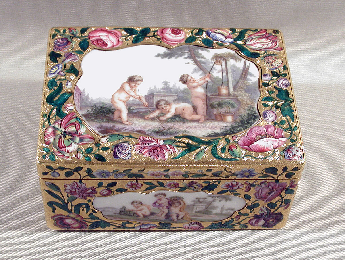 Snuffbox with scenes of children in pastoral settings, Jean François Breton (or Lebreton) (master 1737, recorded 1791), Gold, enamel, porcelain, French, Paris and German, Meissen