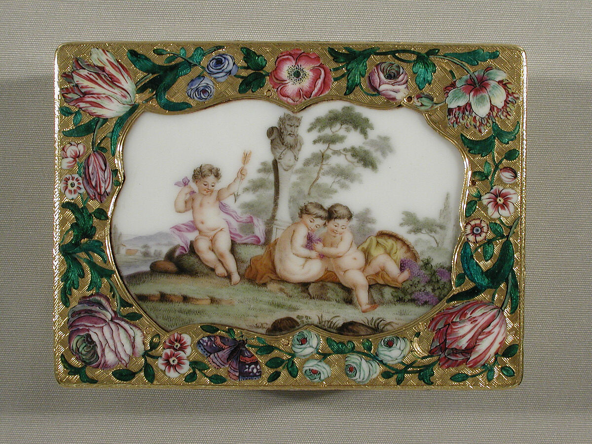 Snuffbox with scenes of children in pastoral settings, Jean François Breton (or Lebreton) (master 1737, recorded 1791), Gold, enamel, porcelain, French, Paris and German, Meissen