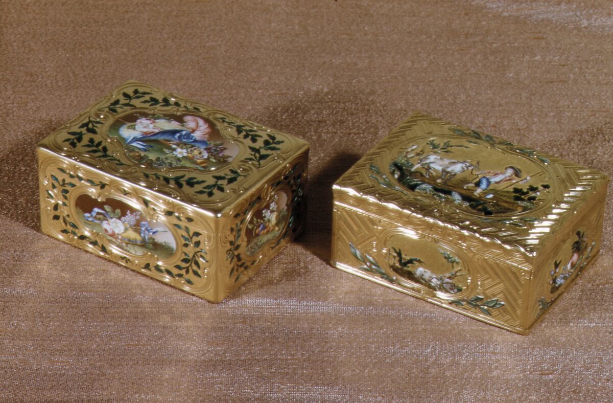 Snuffbox with pastoral scenes, Jean Ducrollay (French, born 1709, master 1734, recorded 1760), Gold, enamel, French, Paris