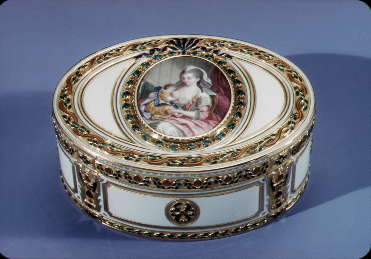 Snuffbox with miniature of a mother nursing a child, Joseph Etienne Blerzy (French, active 1750–1806), Gold, enamel, French, Paris 