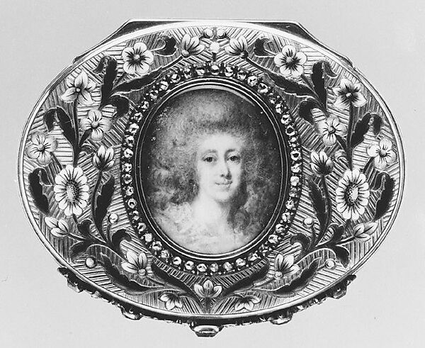 Snuffbox with portrait of a woman, said to be the Princesse de Lamballe, Miniature by French Painter  , ca. 1790, Gold, enamel, diamonds; ivory, European