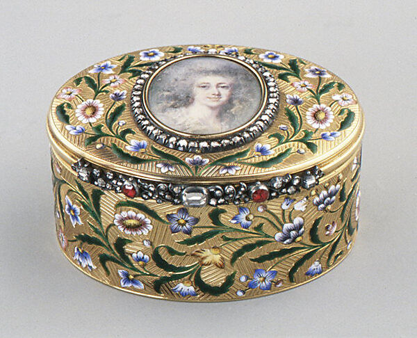 Snuffbox with portrait of a woman, said to be the Princesse de Lamballe, Miniature by French Painter  , ca. 1790, Gold, enamel, diamonds; ivory, European 