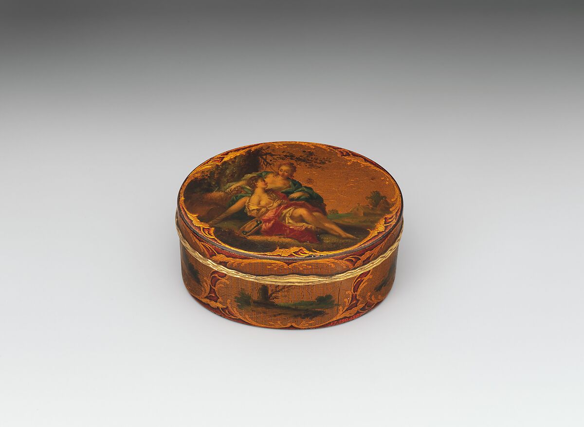 Snuffbox, Vernis Martin on papier mâché, gold, French 