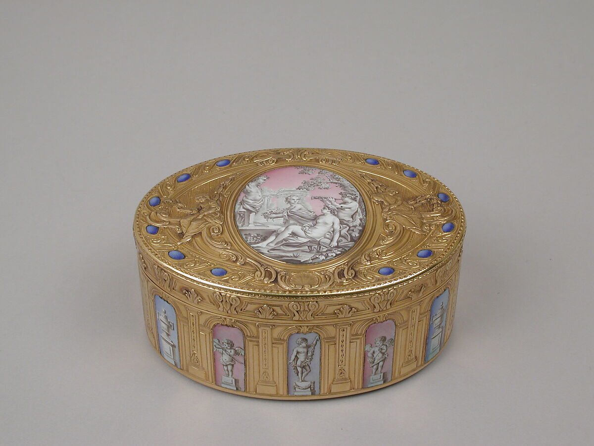 Snuffbox with grisaille decoration of Cupid and Venus, Jean-Baptiste Carnay (master 1764, recorded 1793), Gold, enamel, French, Paris 