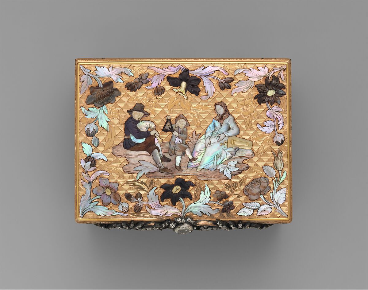 Snuffbox, Attributed to Daniel Baudesson (1716–1785, working 1730–80), Gold, mother-of-pearl, ivory, diamonds, German, Berlin