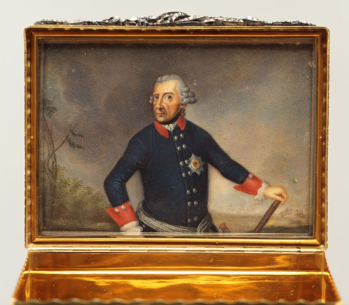 Snuffbox with portrait of Frederick the Great (1712–1786), King of Prussia, Daniel Baudesson (1716–1785, working 1730–80), Gold, enamel, diamonds; ivory, German, Berlin