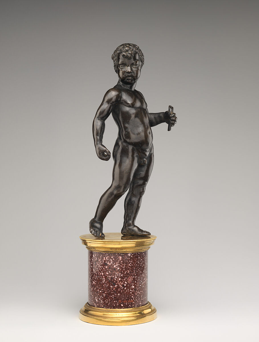 Standing boy, After a model by Andrea Mantegna (Italian, Isola di Carturo 1430/31–1506 Mantua), Bronze, silver inlay (eyes), on a later porphyry and ormolu base, Italian, probably Mantua 