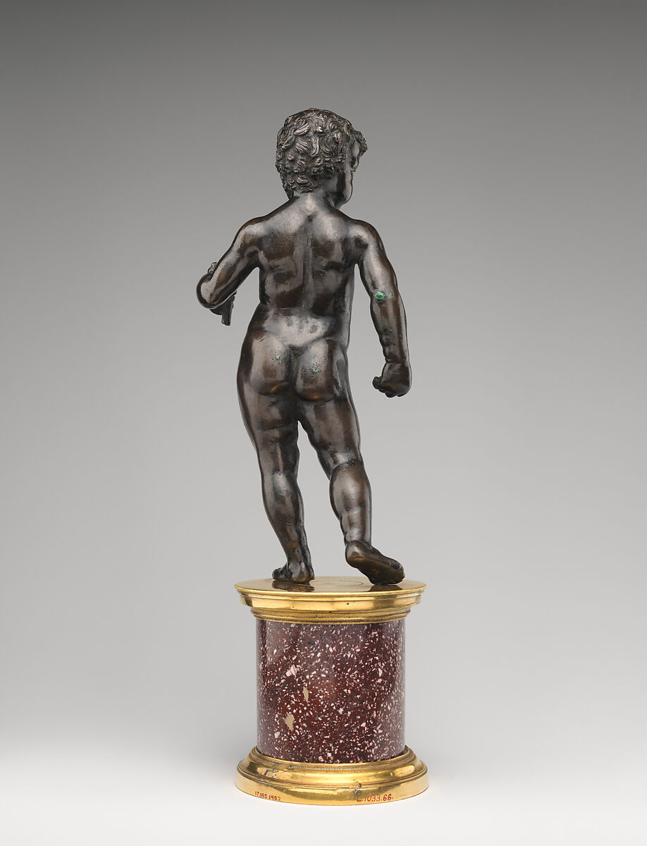 Standing boy, After a model by Andrea Mantegna (Italian, Isola di Carturo 1430/31–1506 Mantua), Bronze, silver inlay (eyes), on a later porphyry and ormolu base, Italian, probably Mantua