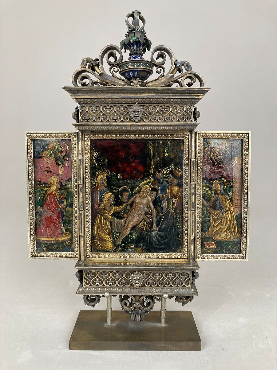 Triptych: Lamentation over the Dead Christ, St. Catherine, St. Barbara, Silver-gilt, enamel, verre églomisé, Italian, Lombardy 