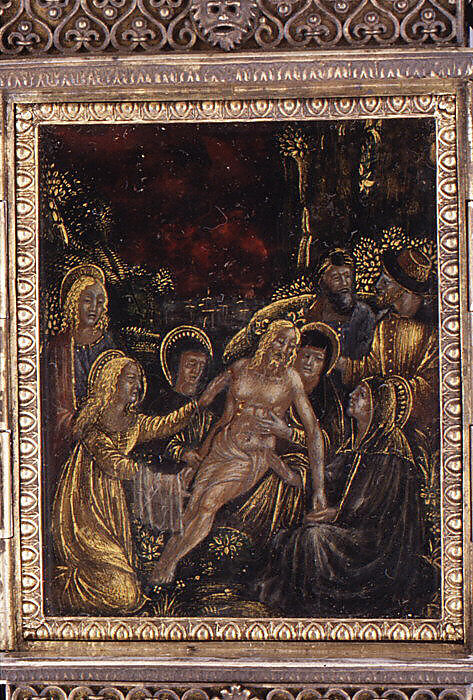 Triptych: Lamentation over the Dead Christ, St. Catherine, St. Barbara, Silver-gilt, enamel, verre églomisé, Italian, Lombardy