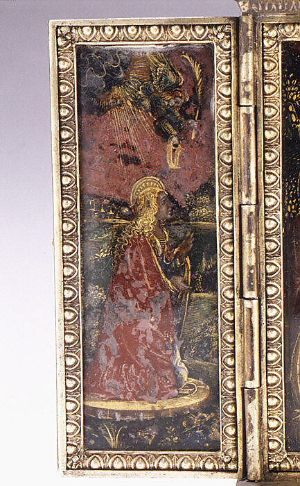 Triptych: Lamentation over the Dead Christ, St. Catherine, St. Barbara, Silver-gilt, enamel, verre églomisé, Italian, Lombardy