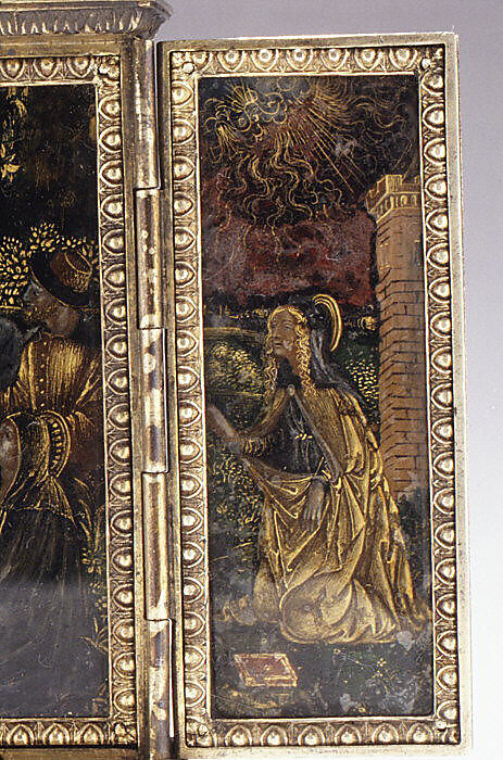 Triptych: Lamentation over the Dead Christ, St. Catherine, St. Barbara, Silver-gilt, enamel, verre églomisé, Italian, Lombardy