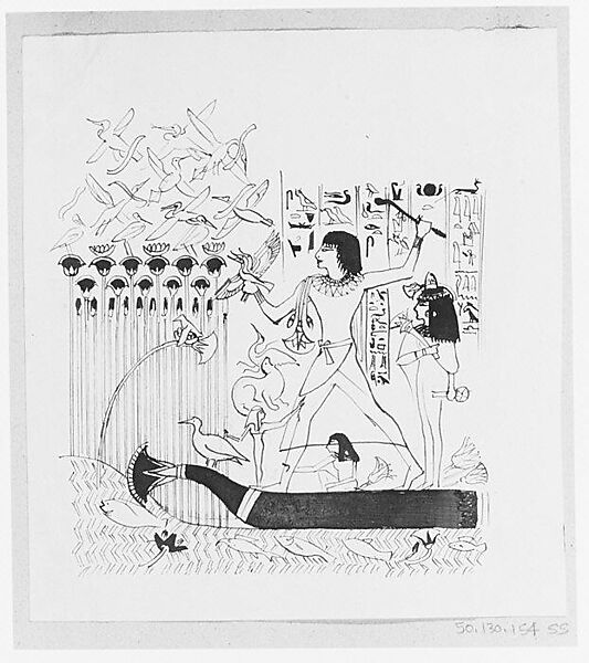 Hunting Birds, after Egyptian Relief Sculpture (from Scrapbook), John Singer Sargent (American, Florence 1856–1925 London), Graphite and pen and ink on off-white wove paper, American