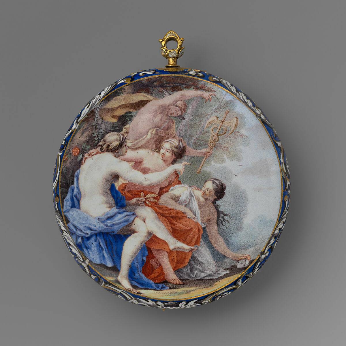 The Rape of Europa and Mercury and the Three Graces, Watchmaker: Lambertus Vrythoff (recorded 1724–69), Case and dial: enameled gold; Movement: gilded brass and steel, partly blued, French, probably Paris case with Dutch, The Hague watch
