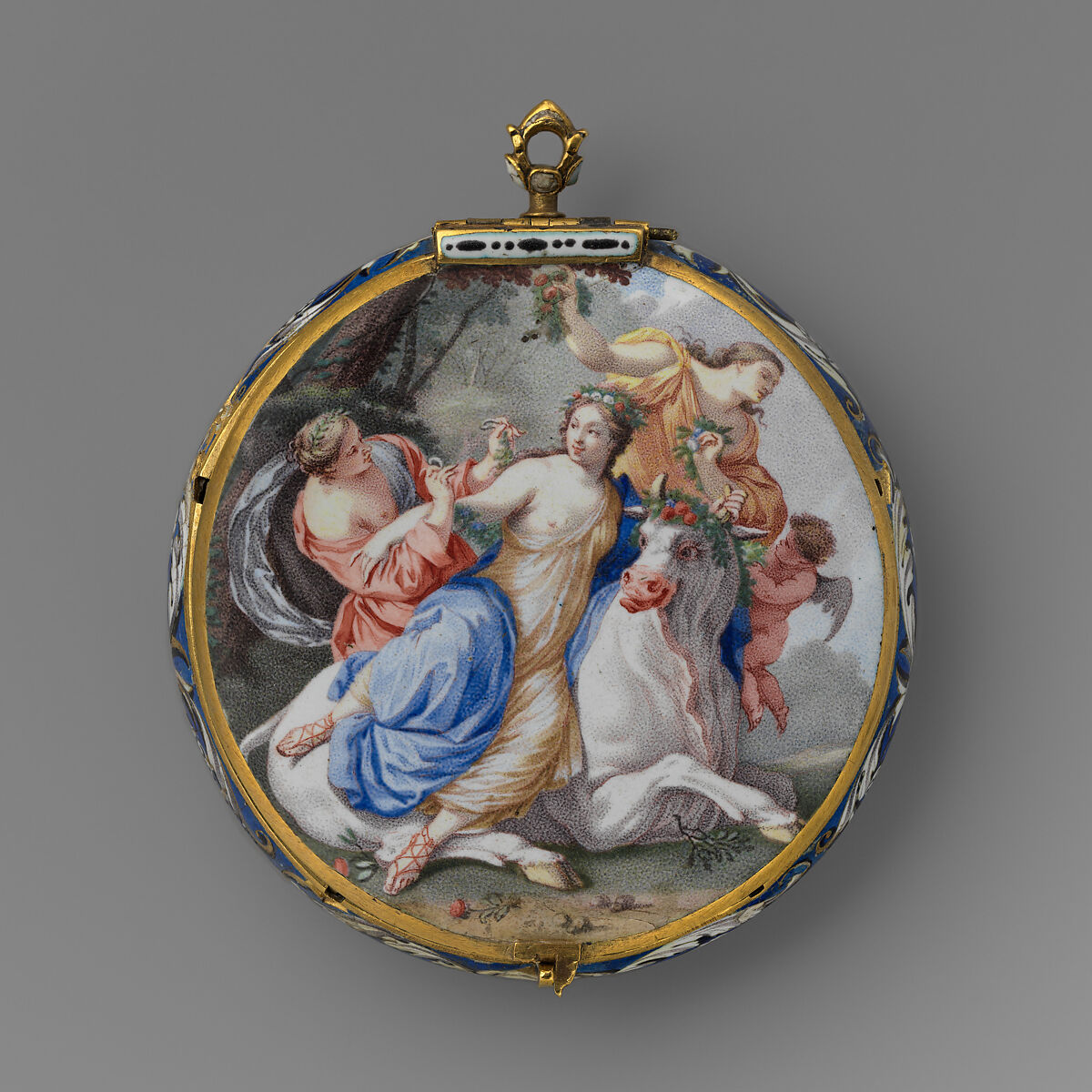 The Rape of Europa and Mercury and the Three Graces, Lambertus Vrythoff, Case and dial: enameled gold; Movement: gilded brass and steel, partly blued, French, probably Paris case with Dutch, The Hague watch