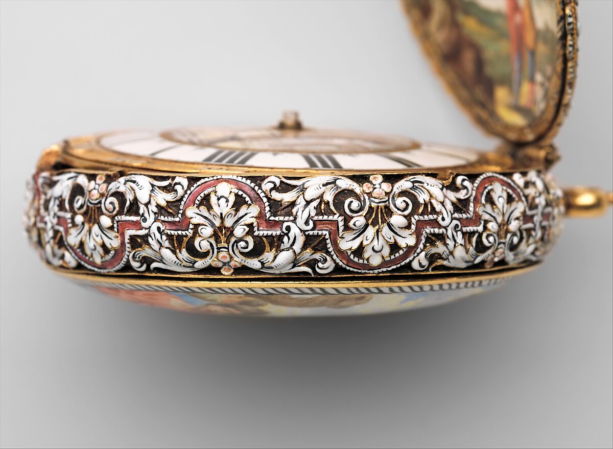 Watch with scenes from the story of Rebekah at the well, Watchmaker: Johannes van Ceulen (Dutch, active 1675–1715), Case: painted enamel on gold, and raised enamel on gold; Movement: gilded brass, partly blued steel, and silver, Dutch, The Hague movement with French, Paris case