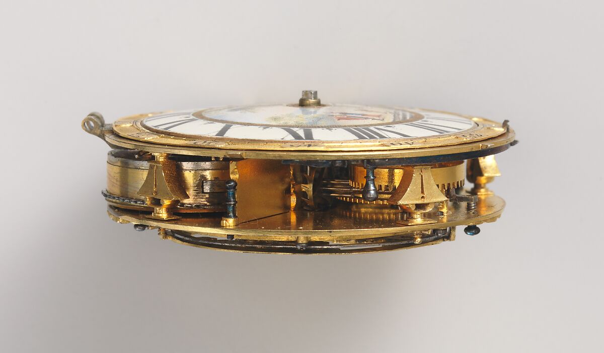 Watch with scenes from the story of Rebekah at the well, Watchmaker: Johannes van Ceulen (Dutch, active 1675–1715), Case: painted enamel on gold, and raised enamel on gold; Movement: gilded brass, partly blued steel, and silver, Dutch, The Hague movement with French, Paris case
