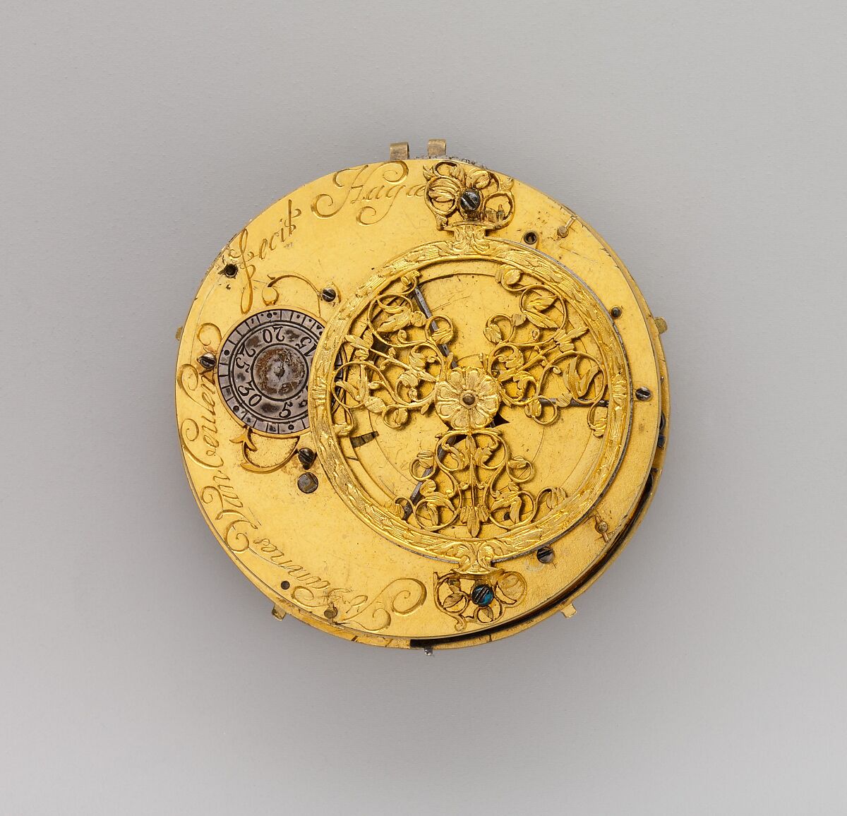 Watch with scenes from the story of Rebekah at the well, Watchmaker: Johannes van Ceulen (Dutch, active 1675–1715), Case: painted enamel on gold, and raised enamel on gold; Movement: gilded brass, partly blued steel, and silver, Dutch, The Hague movement with French, Paris case